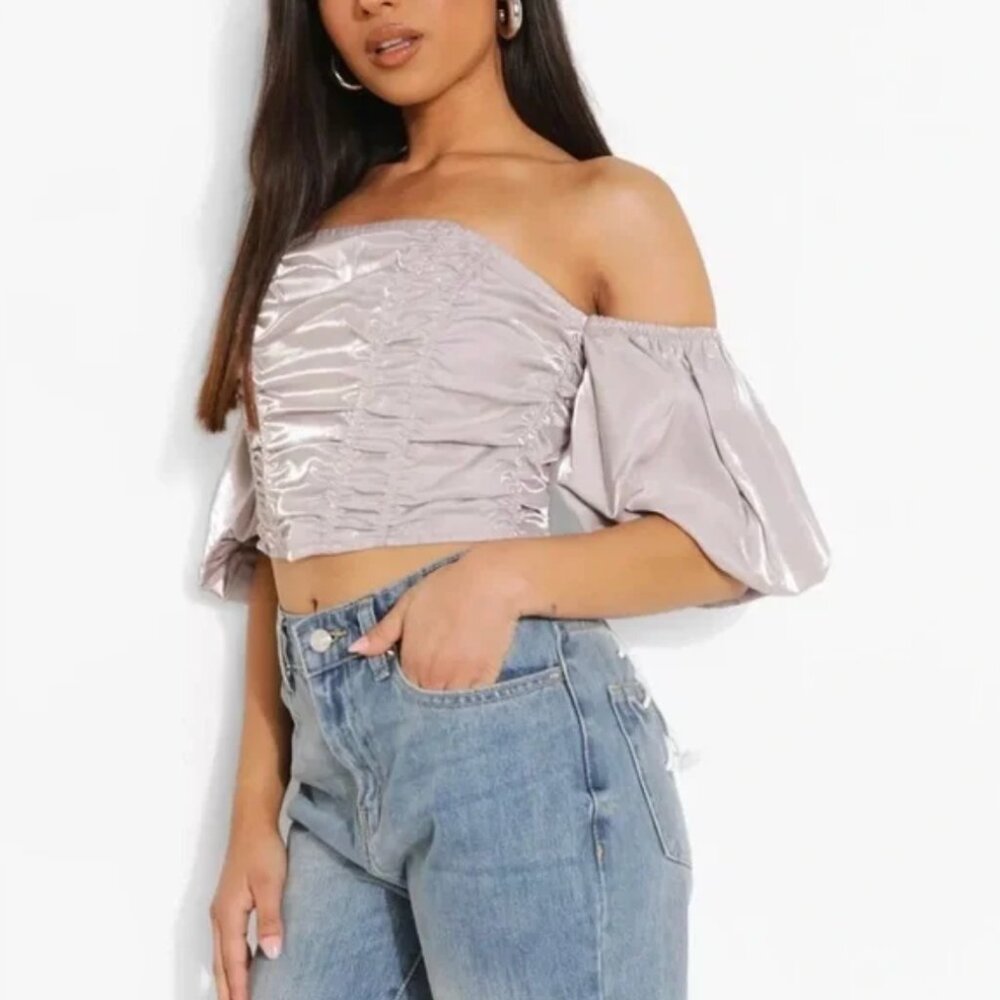 Boohoo Ruched Front Satin Puff Sleeve Corset